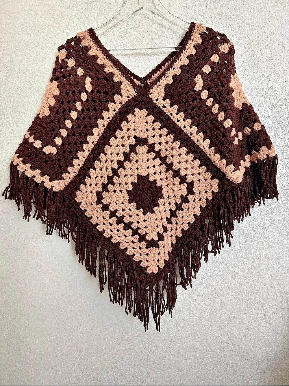 Grandma Handmade Crochet Fringe Poncho in Brown & Pink/Beige